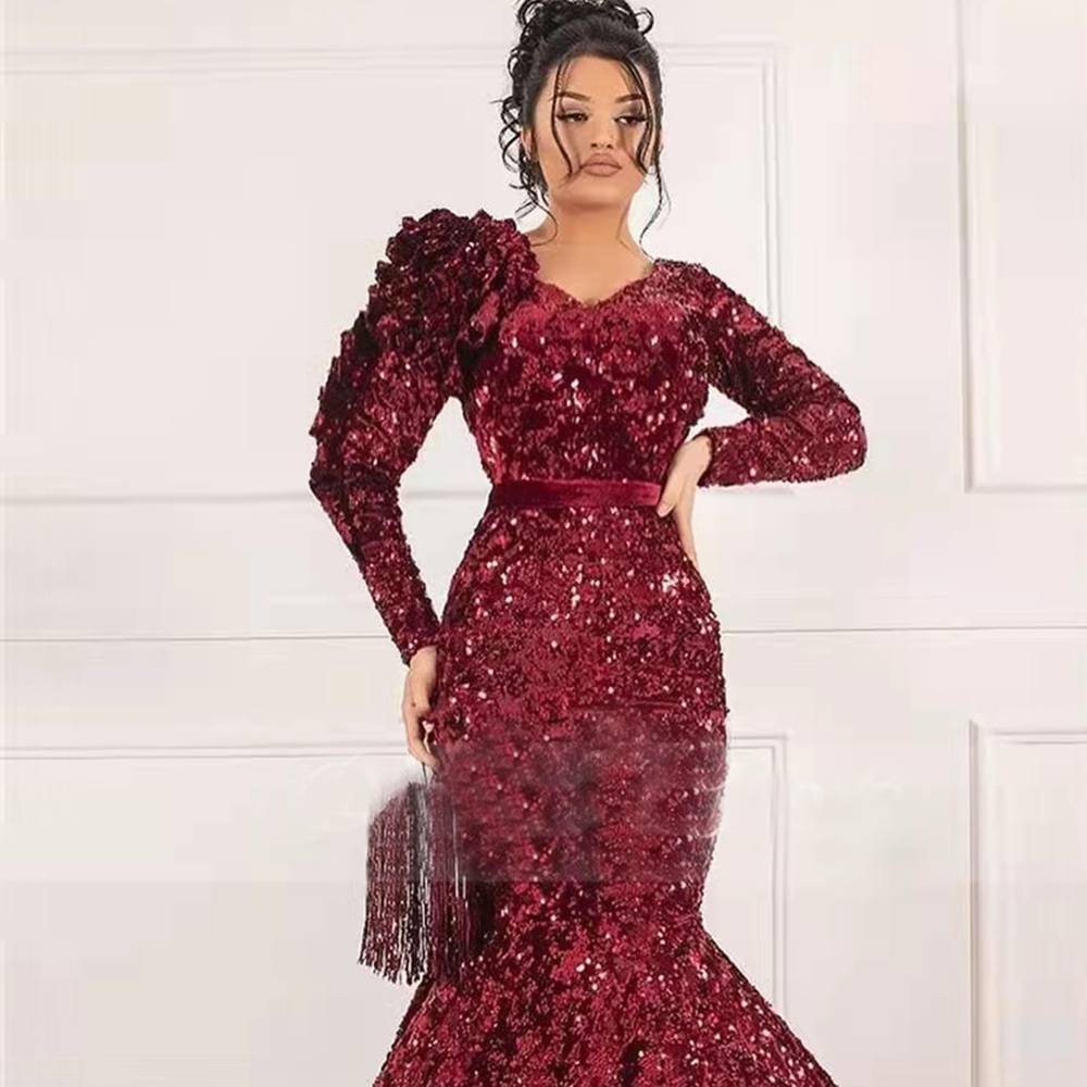 Arabic Dubai Burgundy Sequins Mermaid Evening Dresses V Neck Full long Sleeves Prom Gowns Middle East robes de soiree floor length Robes De Soiree