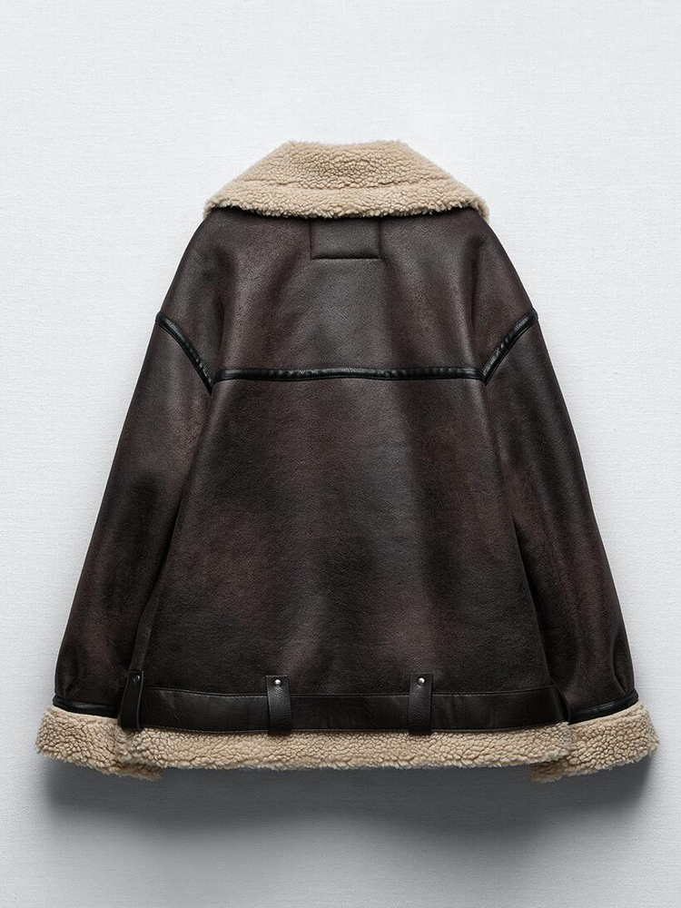 Women's Leather Faux Leather Ailegogo Autumn Winter Women Faux Lamb Fur Thick Warm Jacket with Belt Streetwear Female Zipper Loose Moto Biker Coa