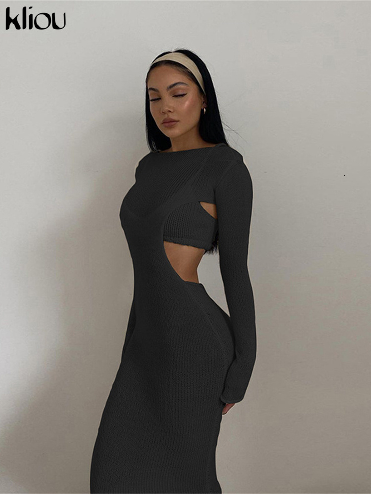 Two Piece Dress Kliou Knitted Two Piece Set Women Skirt Elegant Lined Sleeveless Camisole TopLong Sleeve Backless Female Dress 230130