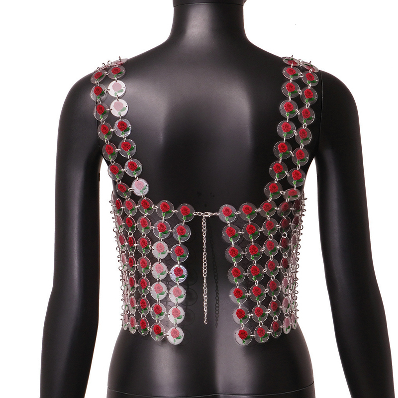 Navel Bell Button Rings Fashion Body Chain Jewelry Girls Red Rose Chain Mail Flower Harness Top Women Daisy Chainmail Top 230130
