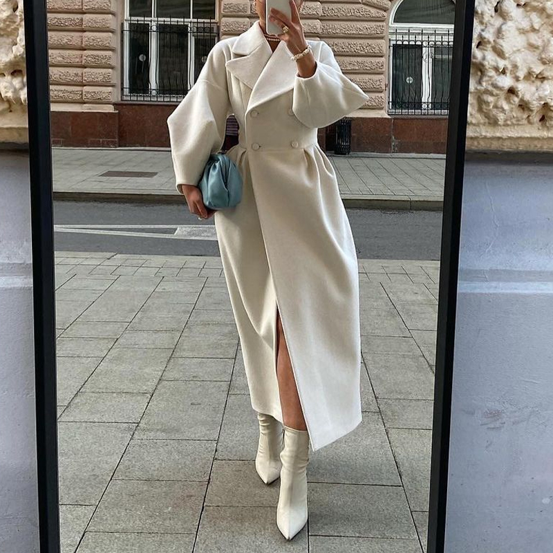 Women's Wool Blends Women Warm Lapel Lantern Sleeve Coat Autumn Double Breasted Elegant Outwear Street Fashion Lady Waisted Woolen Solid Coat Muj
