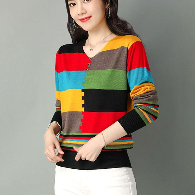 Women's T-Shirt Puzzle Patchwork Print V-neck Long Sleeved Fashion Spring Autumn T-shirts Skinny Causal Top All-match Cotton Women's Clothin