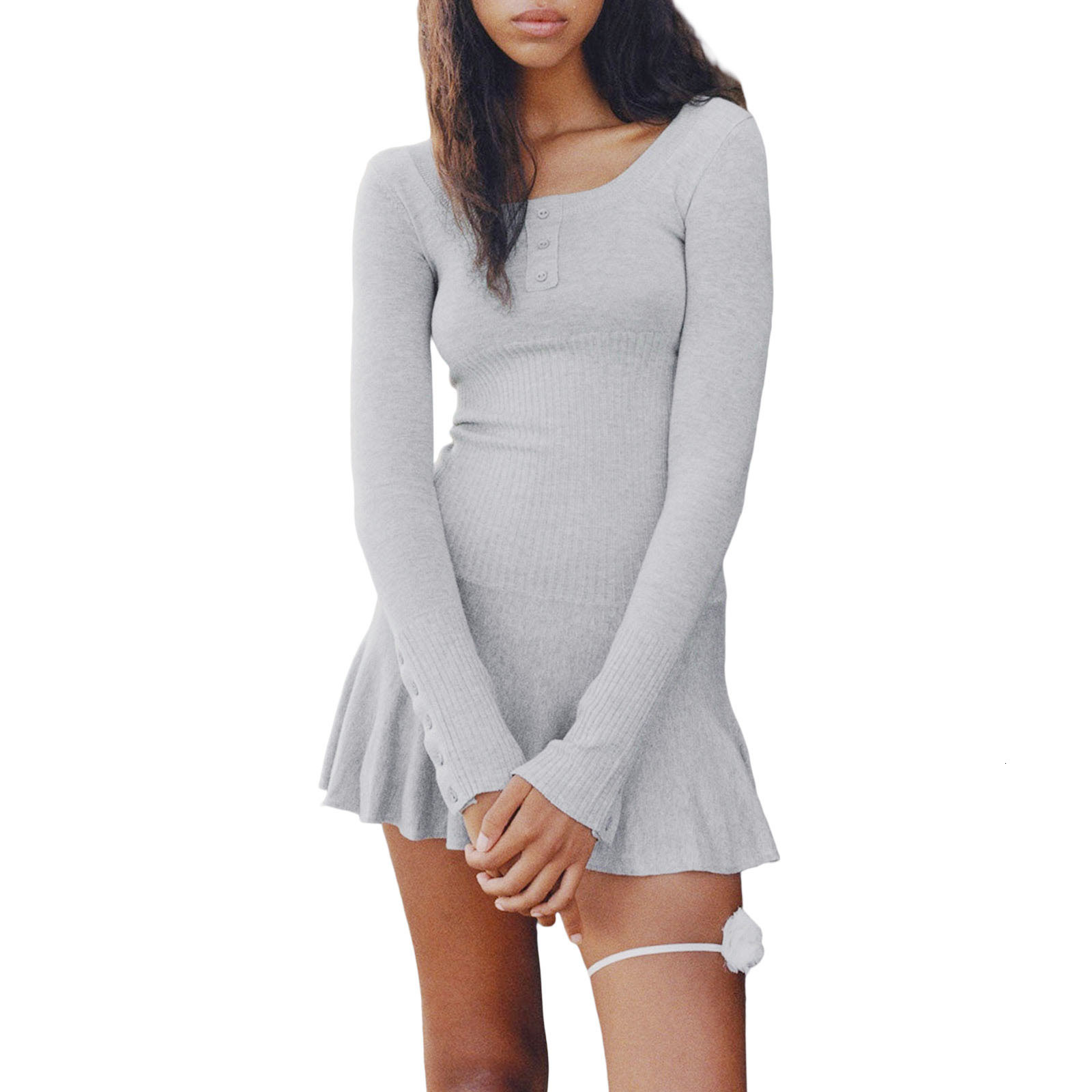 Casual Dresse's Ribbed Knit Mini Long Sleeve Solid Color Button Slim d for Spring Autumn 230130