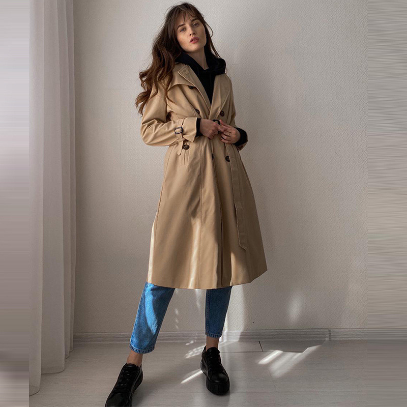 Women's Trench Coats Women Casual ladies slim with belt vintage down-turned collar long trench 230130