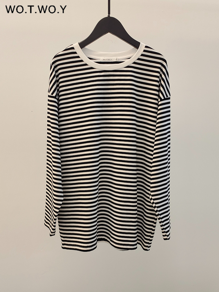 Women's TShirt WOTWOY Early Autumn Long Sleeve Striped Tshirt Women Casual Cotton Loose Basic Tee Shirt Female Cozy Soft Tops Harajuku 230130