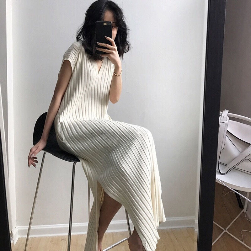Casual Dresses Spring and Summer Cheongsam Style Loose Knitting Dres Vneck Striped Ribbed Vestidos De Mujer 230130