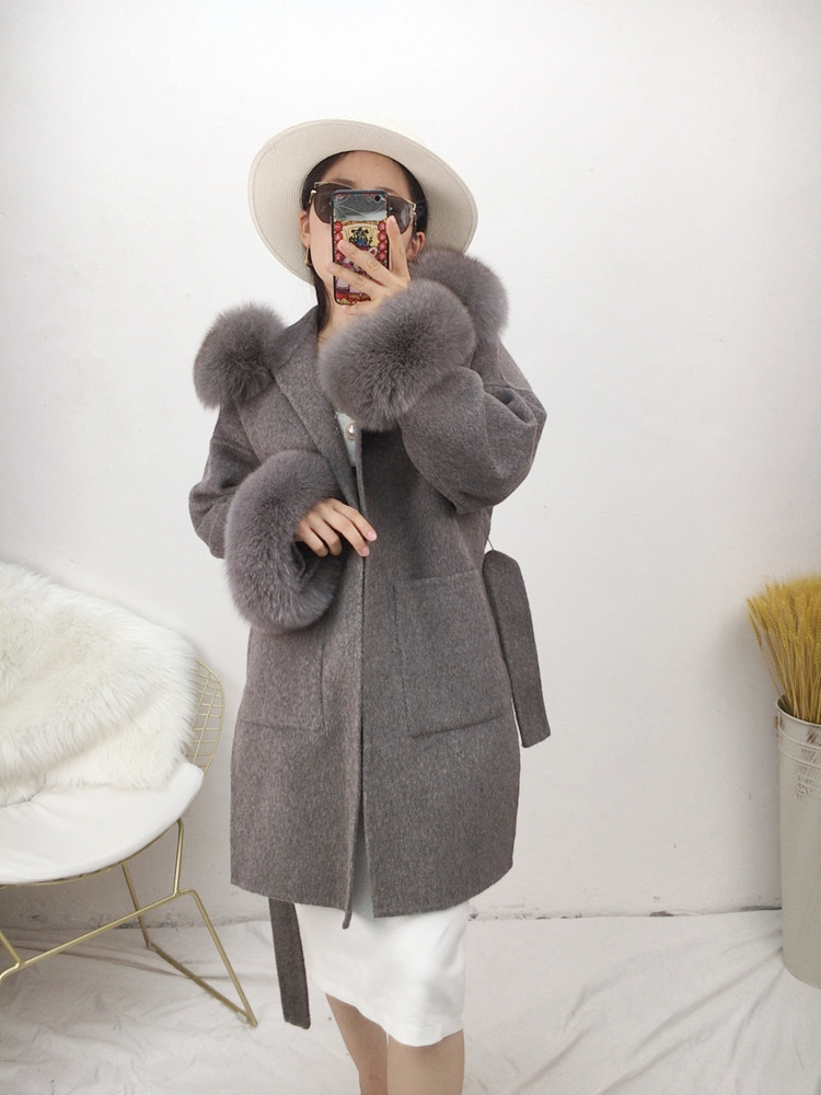 Women's Wool Blends LUZUZI Elegant Real Fur Coat Winter Jacket Women 100% Natural Fur Collar Cuffs Cashmere Wool Blends Oversize Outerwear 230130