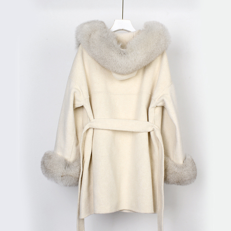 Women's Wool Blends LUZUZI Elegant Real Fur Coat Winter Jacket Women 100% Natural Fur Collar Cuffs Cashmere Wool Blends Oversize Outerwear 230130