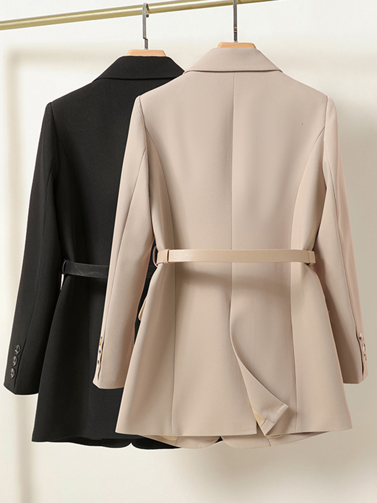 Womens Suits Blazers FTLZZ Spring Autumn Elegant Women Notched Collar Single Breasted Office Lady Long Sleeve Solid Coat with Belt 230130