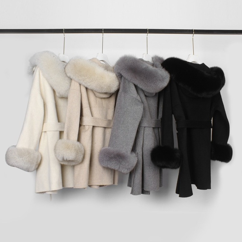 Women's Wool Blends LUZUZI Elegant Real Fur Coat Winter Jacket Women 100% Natural Fur Collar Cuffs Cashmere Wool Blends Oversize Outerwear 230130