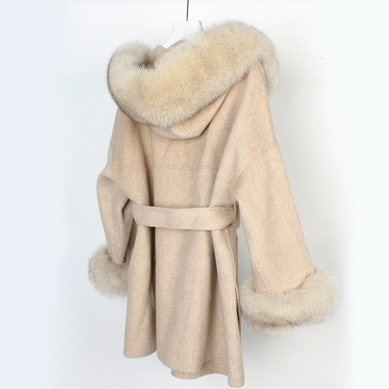 Women's Wool Blends LUZUZI Elegant Real Fur Coat Winter Jacket Women 100% Natural Fur Collar Cuffs Cashmere Wool Blends Oversize Outerwear 230130