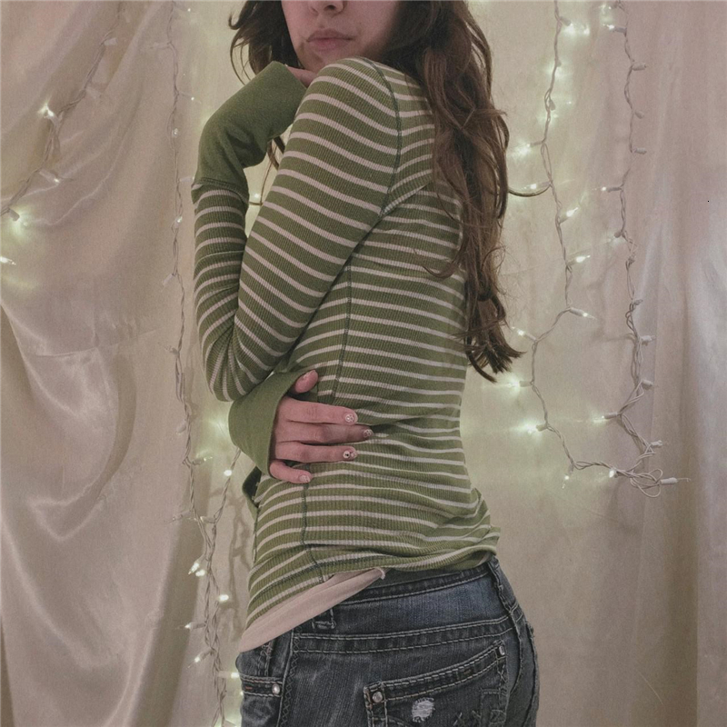 Women's TShirt Xingqing Stripe T Shirts for Women Button V Neck Long Sleeve Tops with Pocket y2k 2000s Fairy Grunge Clothes Vintage Streetwear 23