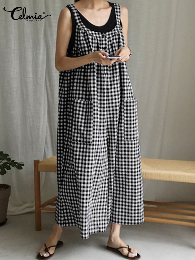 Women's Jumpsuits Rompers Celmia Summer Fashion Women Vintage Plaid Long Jumpsuits Wide Leg Pants Sleeveless Casual Loose Playsuits Bohemian Over