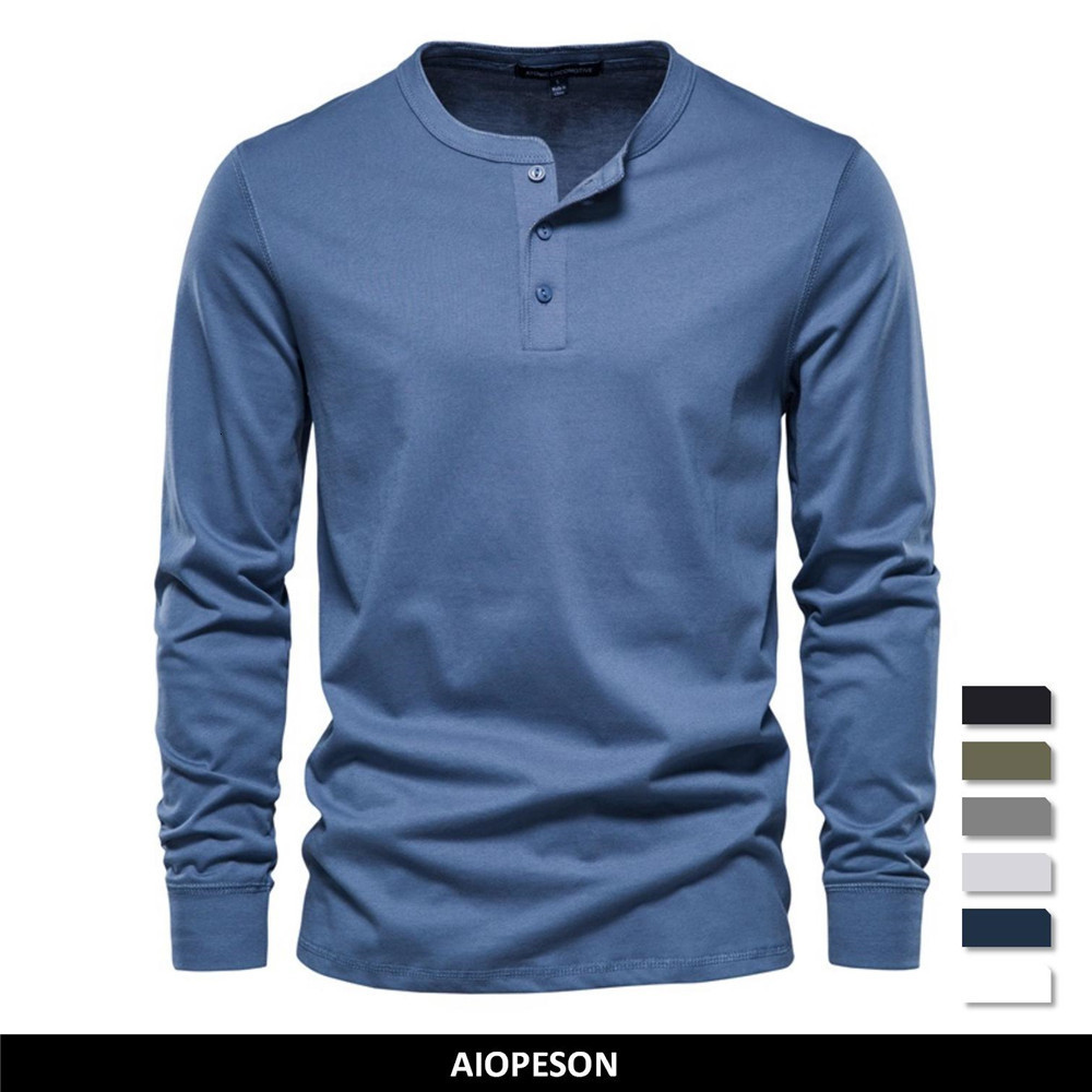 Men's T-Shirts AIOPESON Henley Collar T Shirt Men Casual Solid Color Long Sleeve T Shirt for Men Autumn High Quality 100% Cotton Mens T Shirts 23