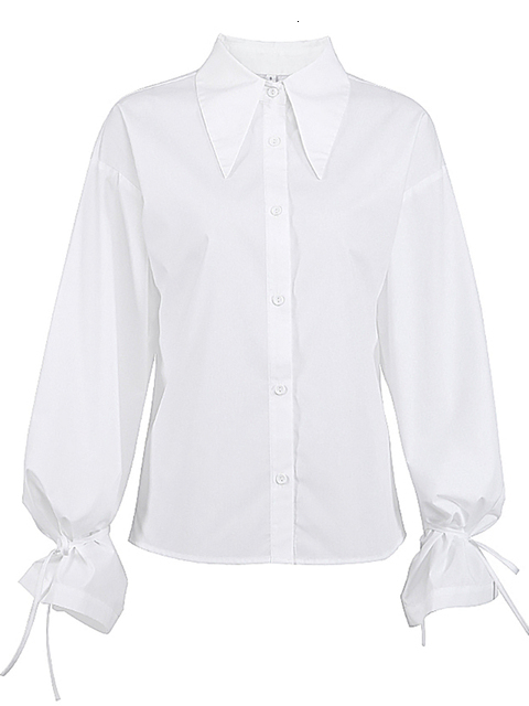 Women's Blouses Shirts OOTN Office Lady White Women Blouse Elegant Turn-Down Collar Long Sleeve Lace Up Shirt Female Loose Spring Casual Korean 2