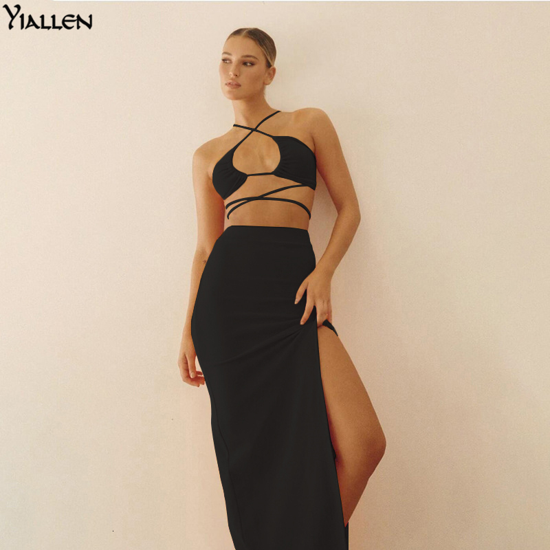Two Piece Dress Yiallen Summer Camisole Two Piece Skirt Set Fashion Casual Party Vacation Beach Solid Rib Knit Long Skirt Set 230130