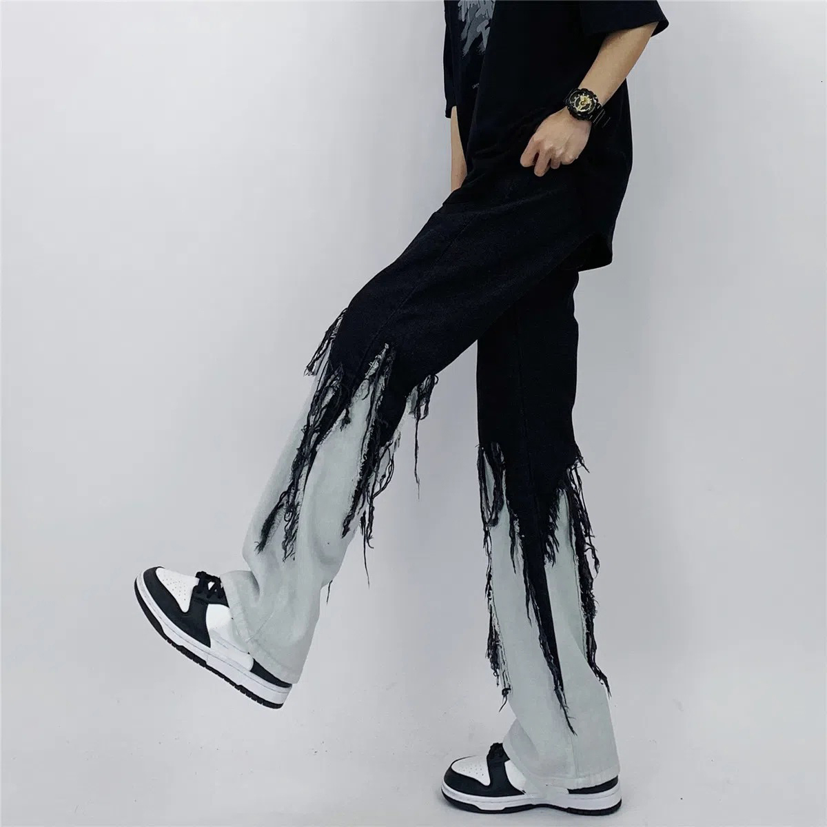 Men's Pants Men Jeans High Street Hip Hop Contrast Color Tassel Loose Fashion Japanese Streetwear Hippie Casual Darkwear Patchwork 230131