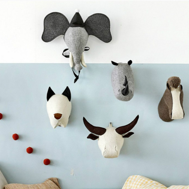 Wall Decor 3D Animal Wall Hanging Decorative Felt Heads Mount Decoration Stuffed Elephant Horse Toys Boys for Kids Room Home Decor 230131