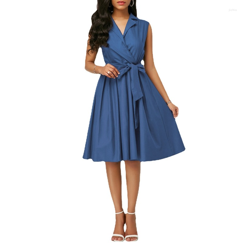 Casual Dresses 2023 European And American Solid Color Waist Sleeveless Lapel POLO Tie Mid-length Dress Womens