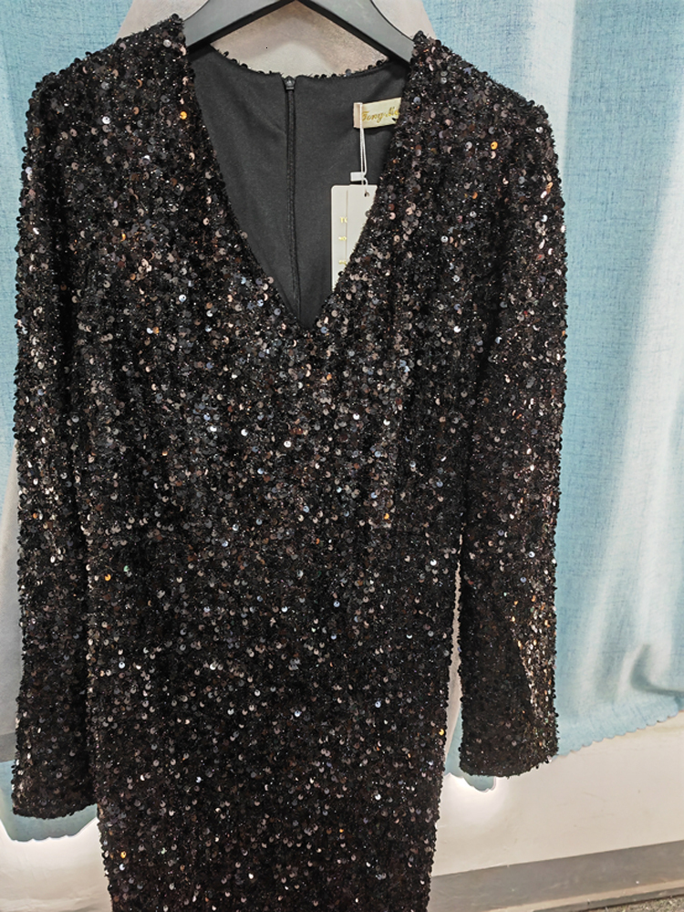 Casual Dresses Partysix Women Gray V Neck Long Sleeve Sequin Elegant Evening Party Maxi Ladies Traig 230131