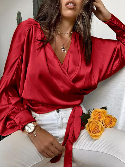 Women's Blouses Shirts Celmia Women Satin Blouses Fashion Elegant Long Bat Sleeve Shirts Summer Cross V Neck Bandage Waisted Haut Style Wrap Tops