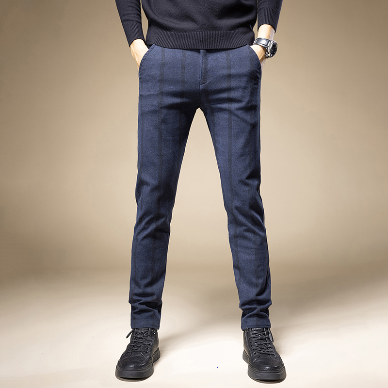 Men's Pants in Autumn Winter Classic Plaid Work Stretch Pants Men Business Straight Fit Grey Black Blue Korea Thick Casual Trousers Male 230131