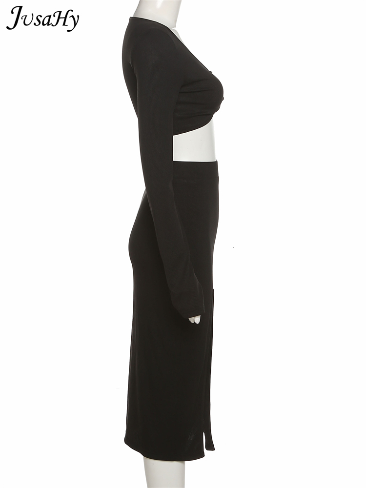 Two Piece Dress JuSaHy Elegant Solid Black Women's Two Pieces Sets Long Sleeves Crop Top High Waist Side Slit Skirts Matching Streetwear 230130