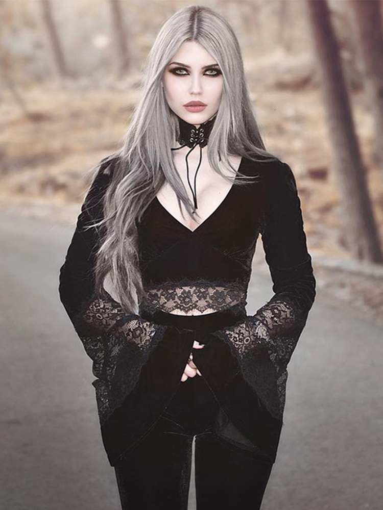 Women's TShirt AltGoth Dark Goth Long Sleeve Tshirt Women Sexy Lace Patchwork Flare Vneck Short Tee Tops Streetwear Black Bottom 230130