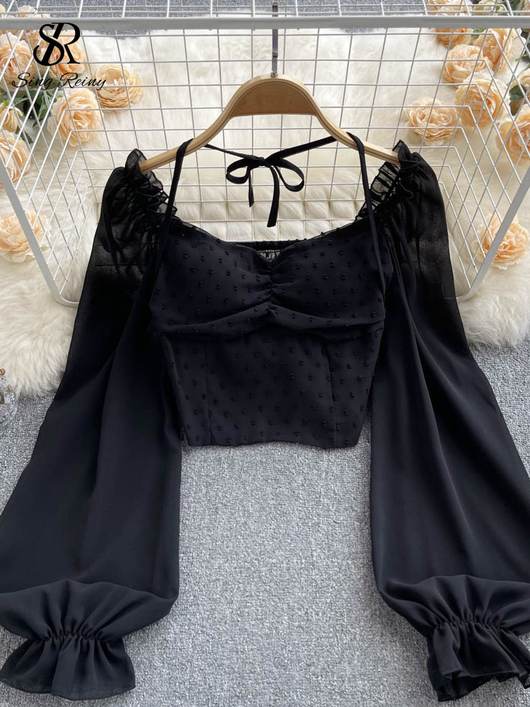 Women's Blouses Shirts SINGREINY Polka Dot Folds Short Blouse Summer Slash Neck Long Sleeve Women Tie Halter Elastic Waist Fashion French Beach T