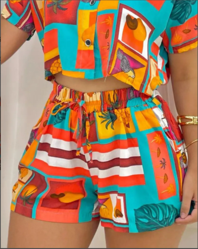 Women's Two Piece Pants Summer Women All Over Print Short Sleeve Top Drawstring Shorts Set Fashion Suit Female Casual Office Clothing 230131