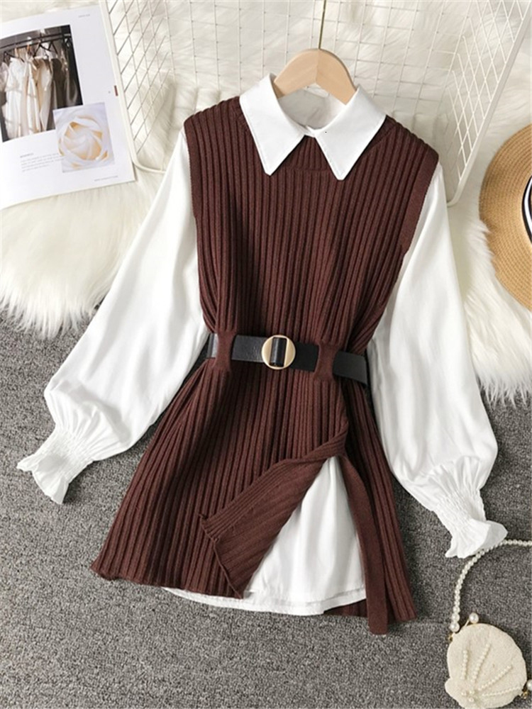 Women's Two Piece Pants Spring Autumn Lantern Sleeve Shirt Knitted Vest Sets of College Style Waistband Top UK900 230131