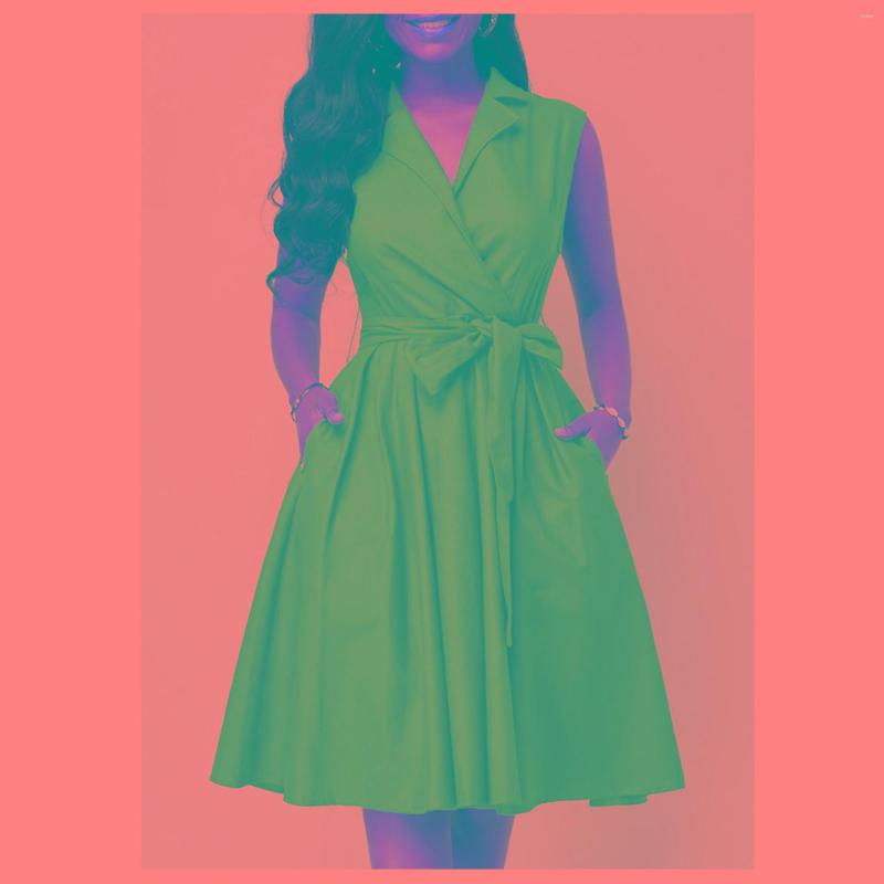 Casual Dresses 2023 European And American Solid Color Waist Sleeveless Lapel POLO Tie Mid-length Dress Womens
