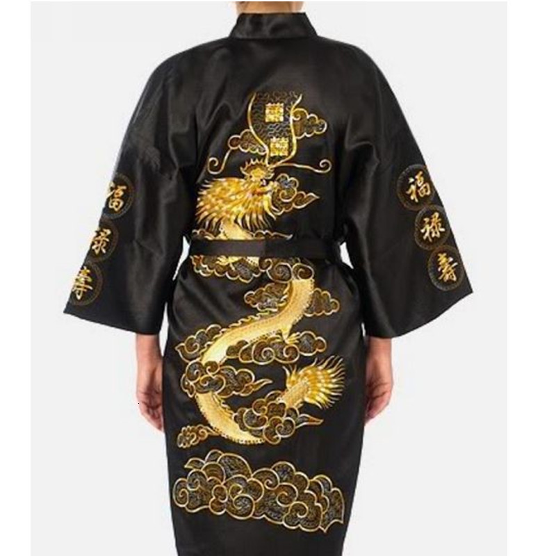Men's Robes Navy Blue Chinese Satin Silk Robe Embroidery Kimono Bath Gown Dragon Size S M L XL XXL XXXL S0008 230131