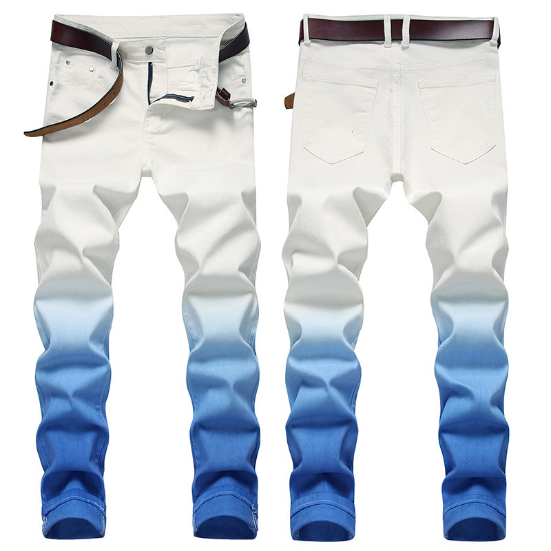 Men's Jeans Fashion Gradient Color Small Straight Stretch Male High Street Slim Long Quality Casual Denim Pants White 230131
