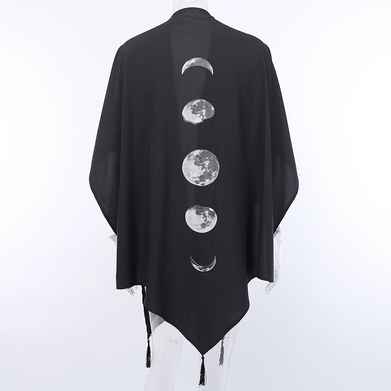 Women's Wool Blends FICHOR Gothic Moon Phase Black Cloak for Women Fall Winter Geometric Y2k Graphic Goth Outwear Oversized Irregular Ponchos Lad