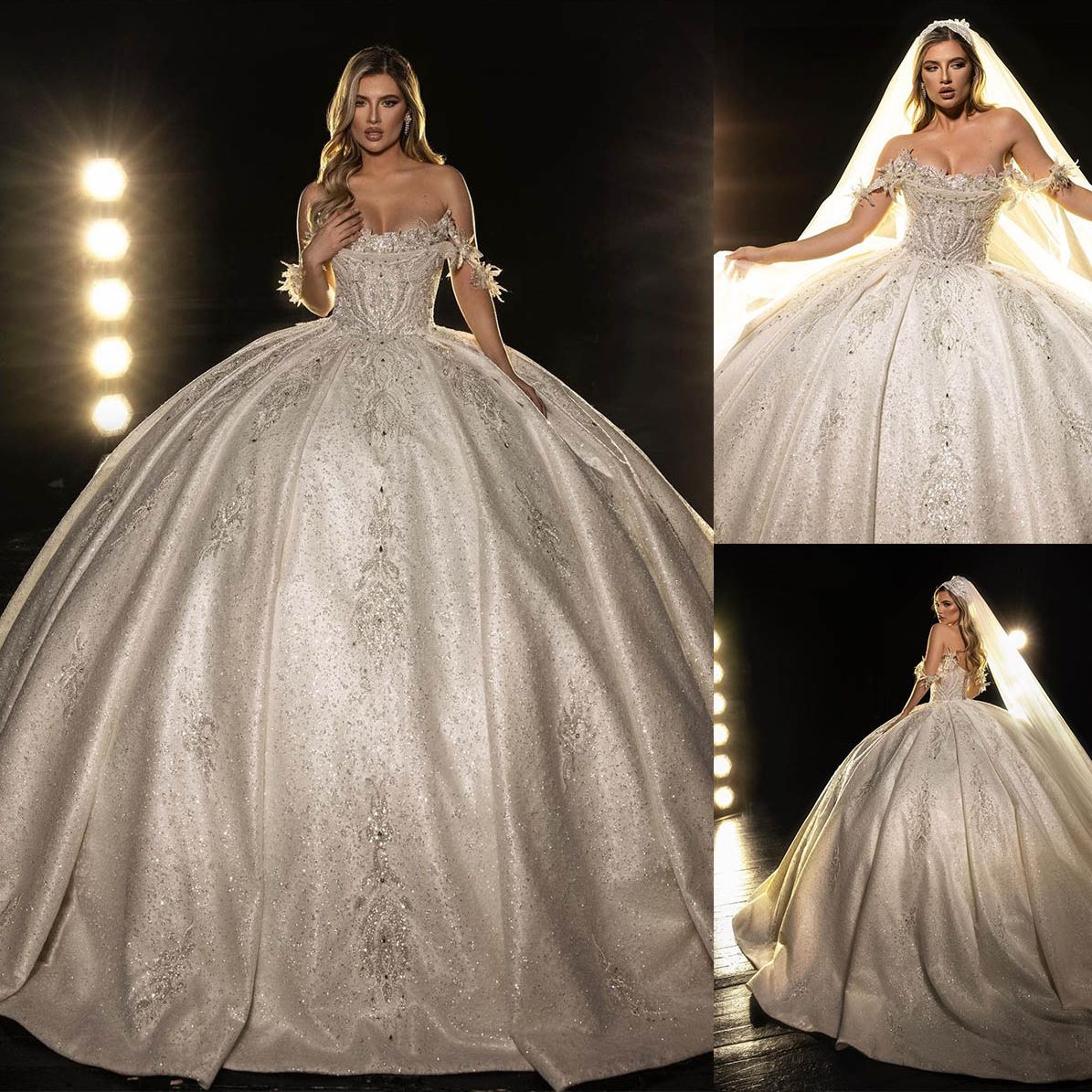 urious Beads Arabic Wedding Dresses Ball Gown Off The Shoulder Lace Bridal Dress Applique Sequins Custom Made