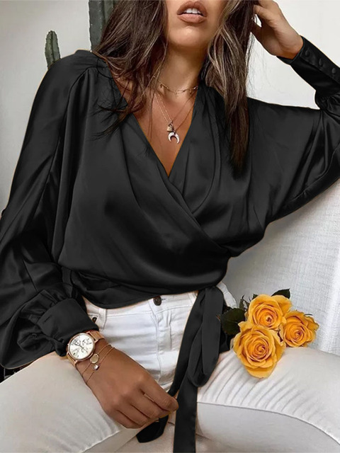 Women's Blouses Shirts Celmia Women Satin Blouses Fashion Elegant Long Bat Sleeve Shirts Summer Cross V Neck Bandage Waisted Haut Style Wrap Tops
