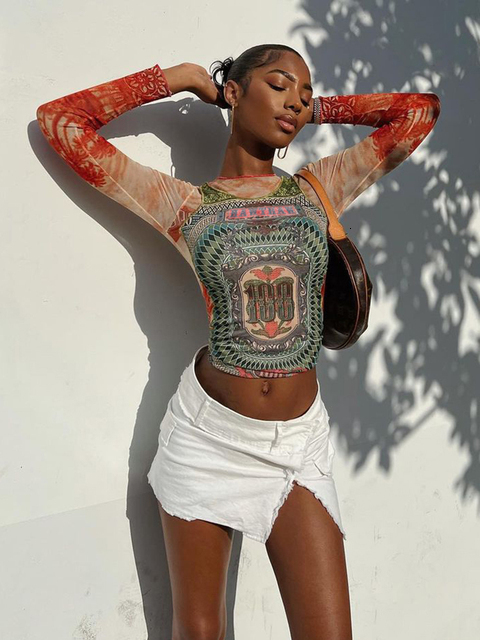 Women's TShirt Hawthaw Women Long Sleeve Graphic Mesh See Through Streetwear T Shirts Tops Tee Autumn Clothes Wholesale Items For Business 230130