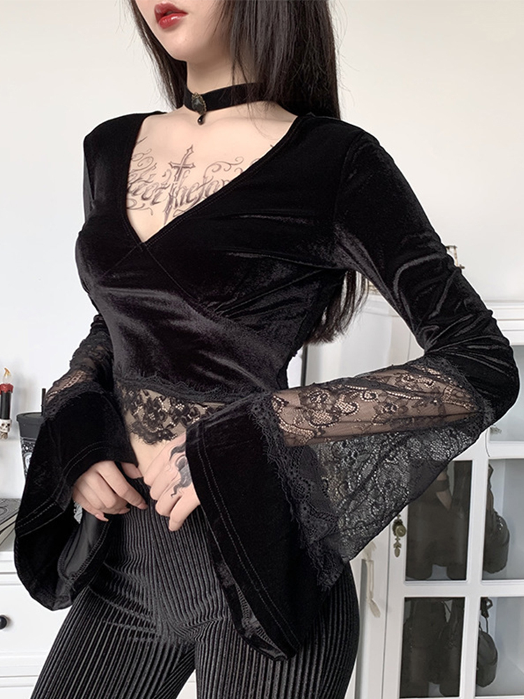 Women's TShirt AltGoth Dark Goth Long Sleeve Tshirt Women Sexy Lace Patchwork Flare Vneck Short Tee Tops Streetwear Black Bottom 230130