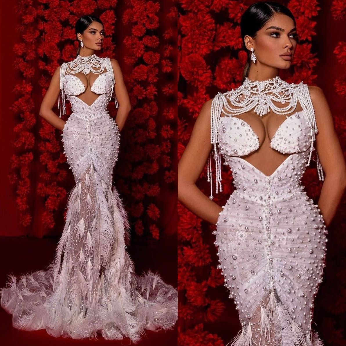 Sexy Feather Pearls Mermaid Wedding Dresses Vintage Sleeveless Bridal Gowns Custom Made Beading Dress Vestido De Novia