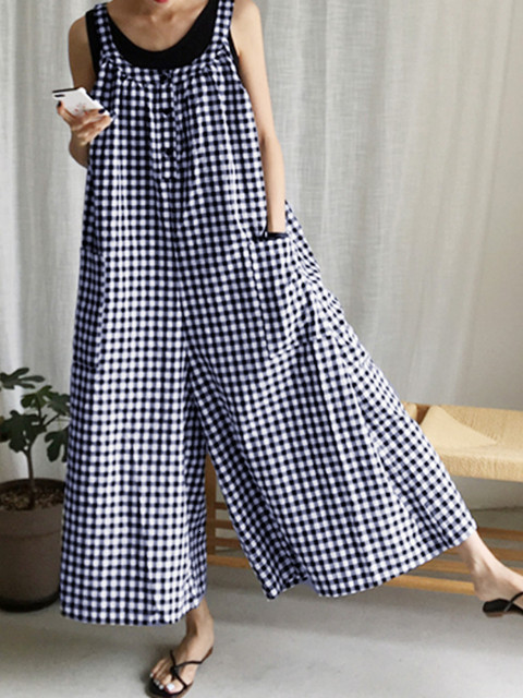 Women's Jumpsuits Rompers Celmia Summer Fashion Women Vintage Plaid Long Jumpsuits Wide Leg Pants Sleeveless Casual Loose Playsuits Bohemian Over