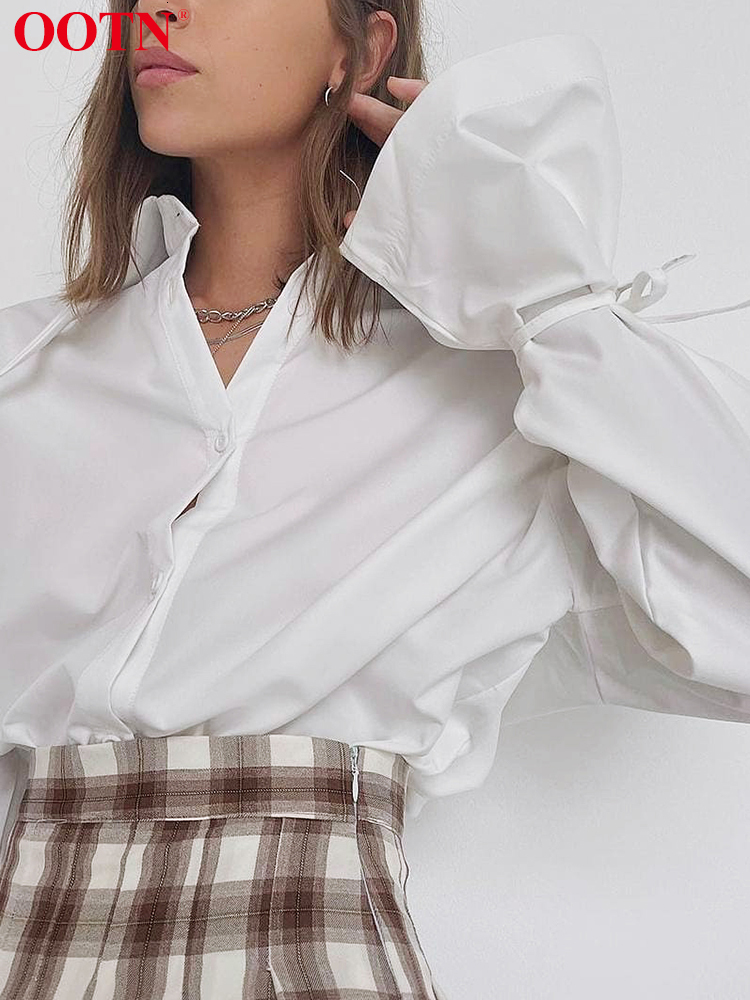 Women's Blouses Shirts OOTN Office Lady White Women Blouse Elegant Turn-Down Collar Long Sleeve Lace Up Shirt Female Loose Spring Casual Korean 2