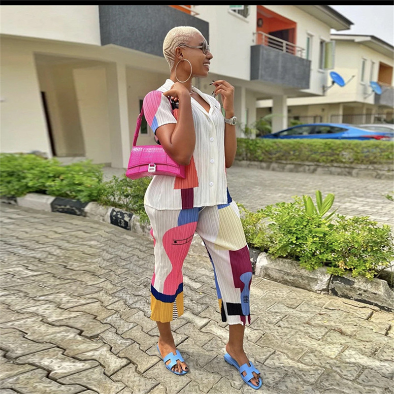 Women's Two Piece Pants Set Women Summer Short Sleeve Shirt Tops and Pant Suits Streetwear Casual Sets Outfits Drop Wholesale 230131