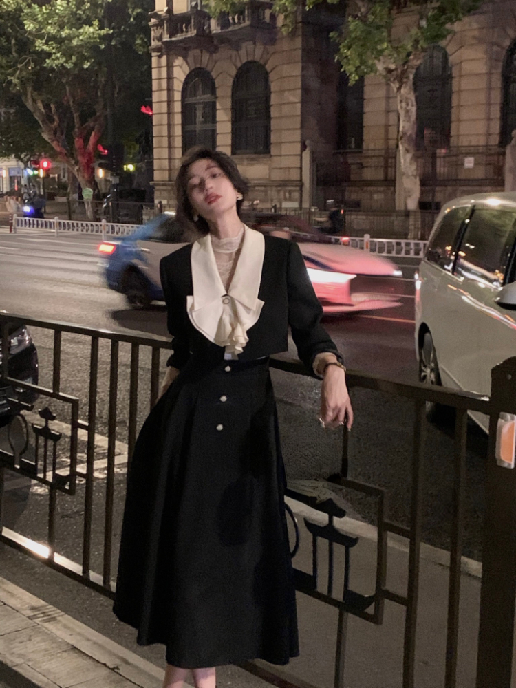 Two Piece Dress Korean Suit Autumn Elegant 2 Piece Dress Set Office Lady Long Sleeve Crop Tops Casual Black Midi Skirt Woman Slim Retro 230130