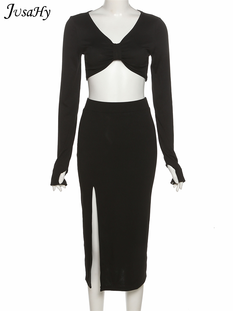 Two Piece Dress JuSaHy Elegant Solid Black Women's Two Pieces Sets Long Sleeves Crop Top High Waist Side Slit Skirts Matching Streetwear 230130