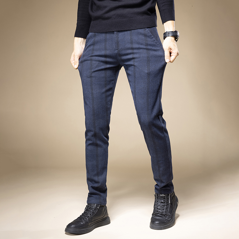 Men's Pants in Autumn Winter Classic Plaid Work Stretch Pants Men Business Straight Fit Grey Black Blue Korea Thick Casual Trousers Male 230131