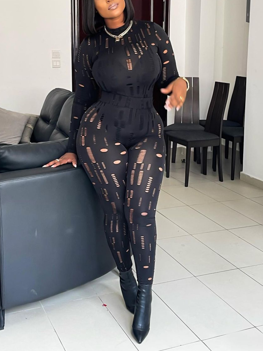 Women's Plus Size Tracksuits LW Seethrough Skinny Stretchy Pants Set Female Gauze Sexy Long Sleeve Turtleneck TopSolid Sheath Matching Outfits 23