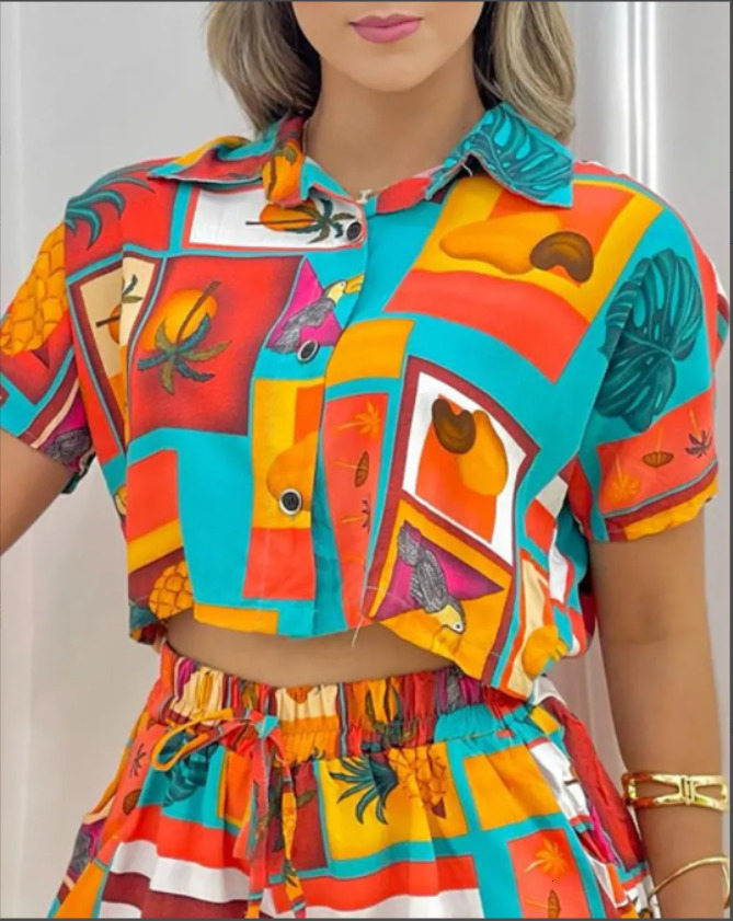 Women's Two Piece Pants Summer Women All Over Print Short Sleeve Top Drawstring Shorts Set Fashion Suit Female Casual Office Clothing 230131