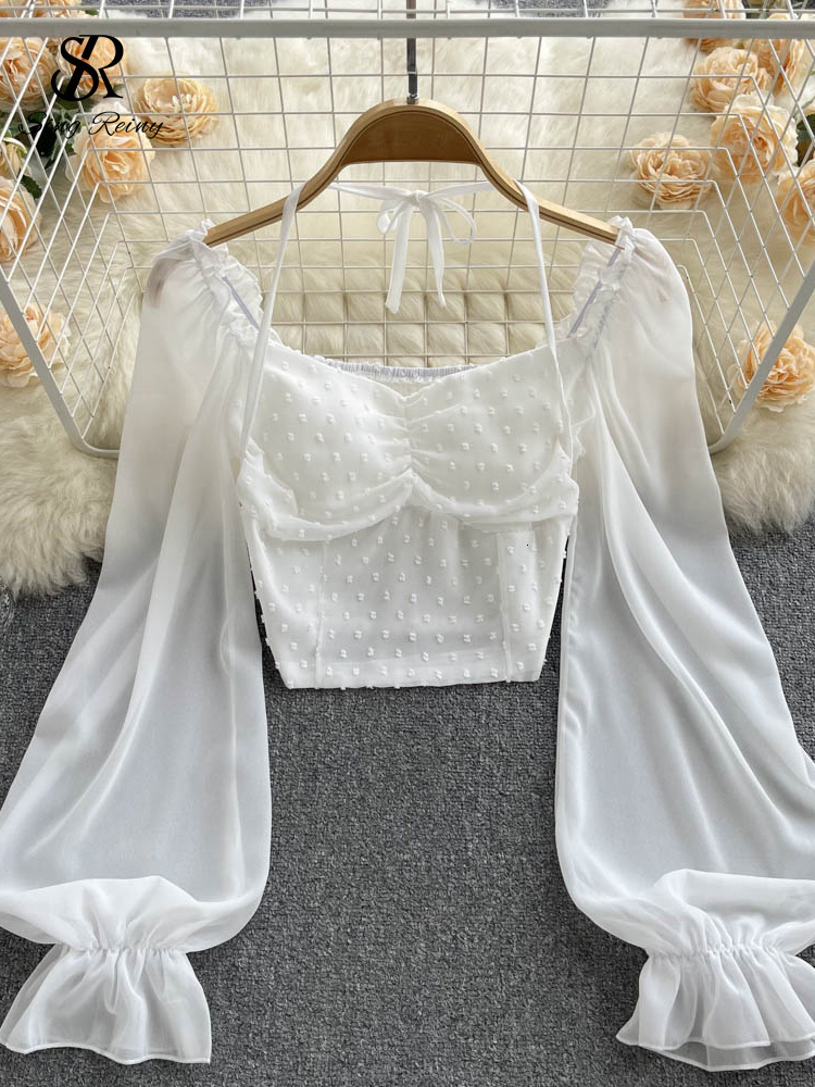 Women's Blouses Shirts SINGREINY Polka Dot Folds Short Blouse Summer Slash Neck Long Sleeve Women Tie Halter Elastic Waist Fashion French Beach T