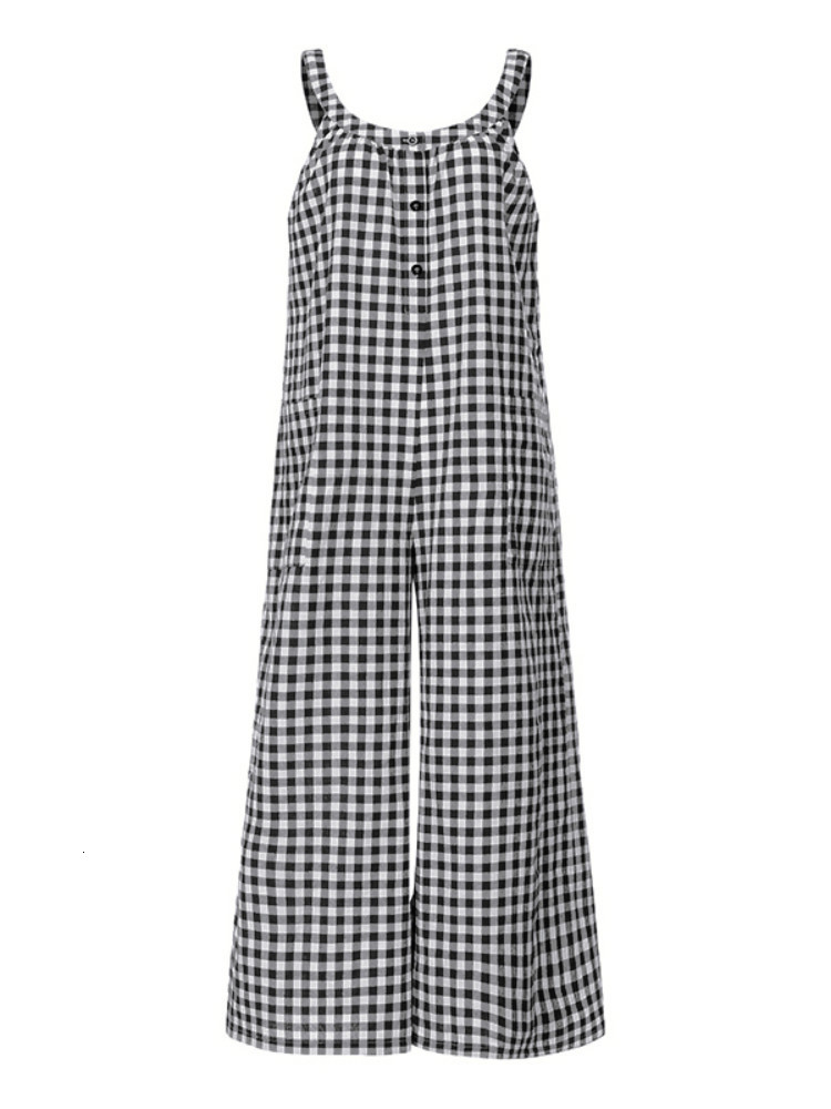 Women's Jumpsuits Rompers Celmia Summer Fashion Women Vintage Plaid Long Jumpsuits Wide Leg Pants Sleeveless Casual Loose Playsuits Bohemian Over